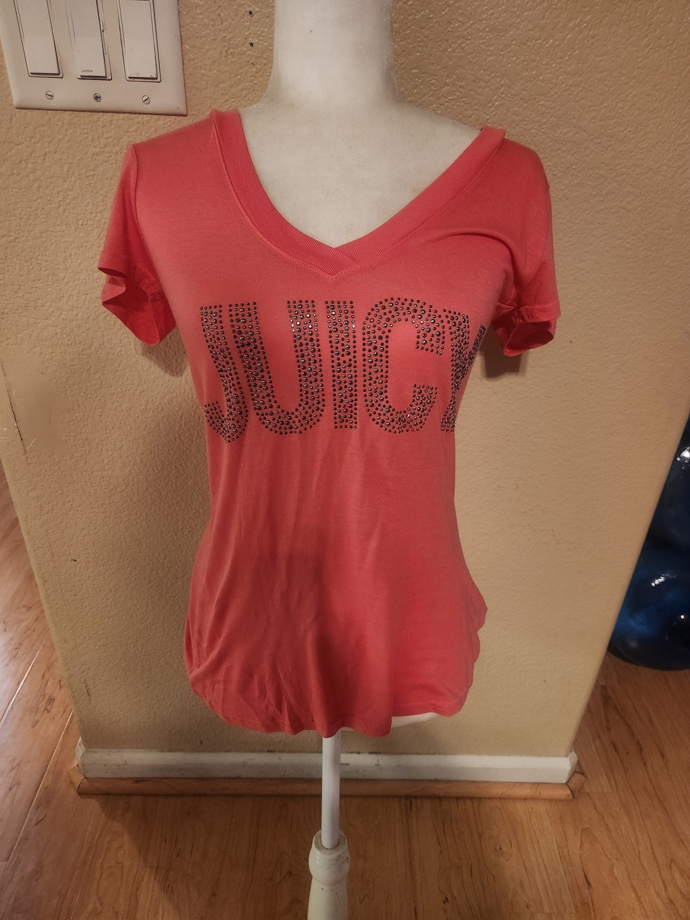 Juicy Couture Coral V-Neck Studded 'JUICY' Logo Tee